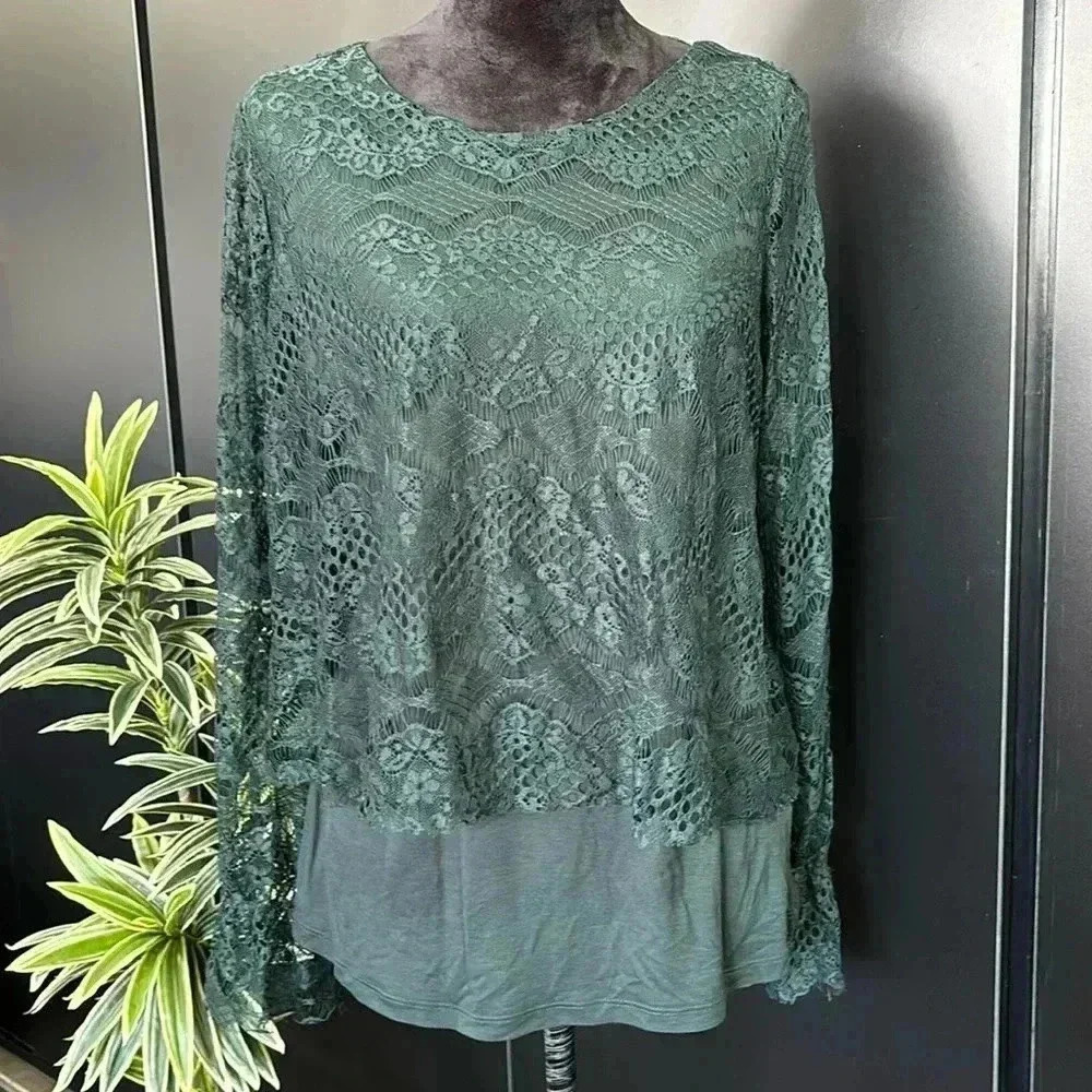 Pointelle Lace Overlay, scoop neck, lined, ruffle cuffs,top